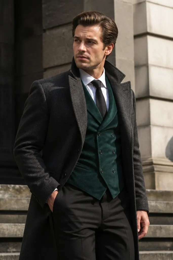 Charcoal long coat over emerald waistcoat with black tie and black leather shoes