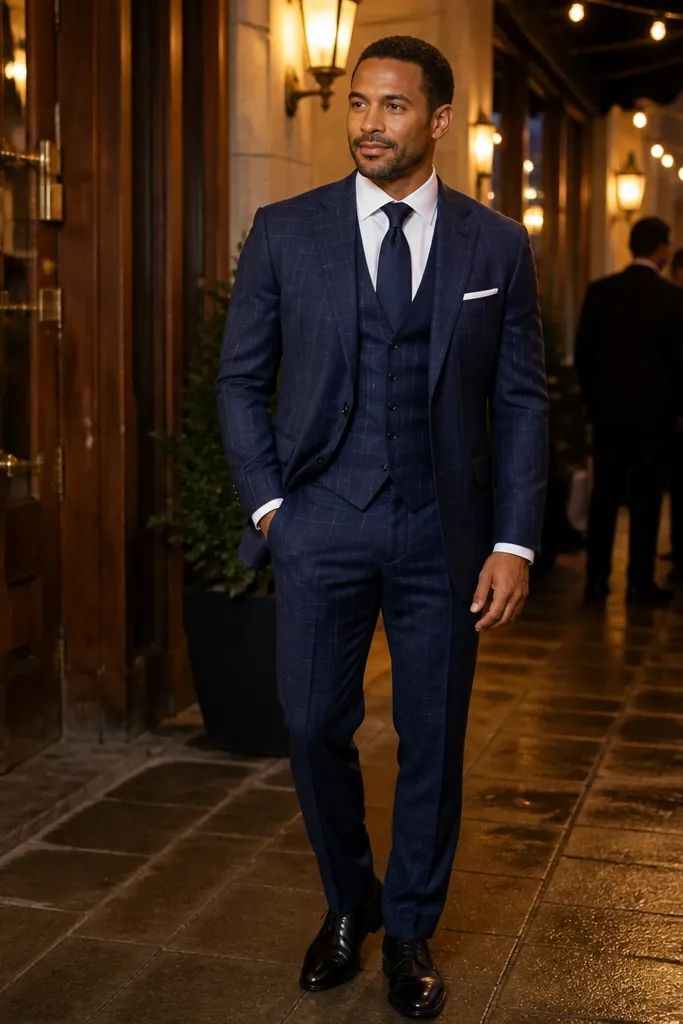 Navy windowpane three-piece suit with white shirt, dark brown belt, and black leather shoes