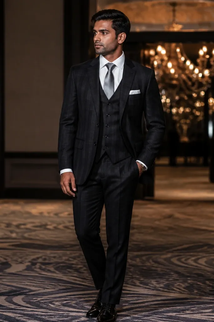 Black and charcoal checkered three-piece suit with silver tie, white shirt, and black dress shoes