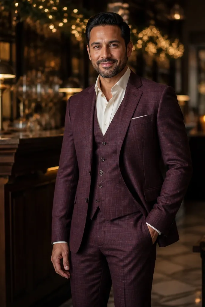Burgundy glen check three-piece suit with cream shirt, burgundy pocket square, and brown boots