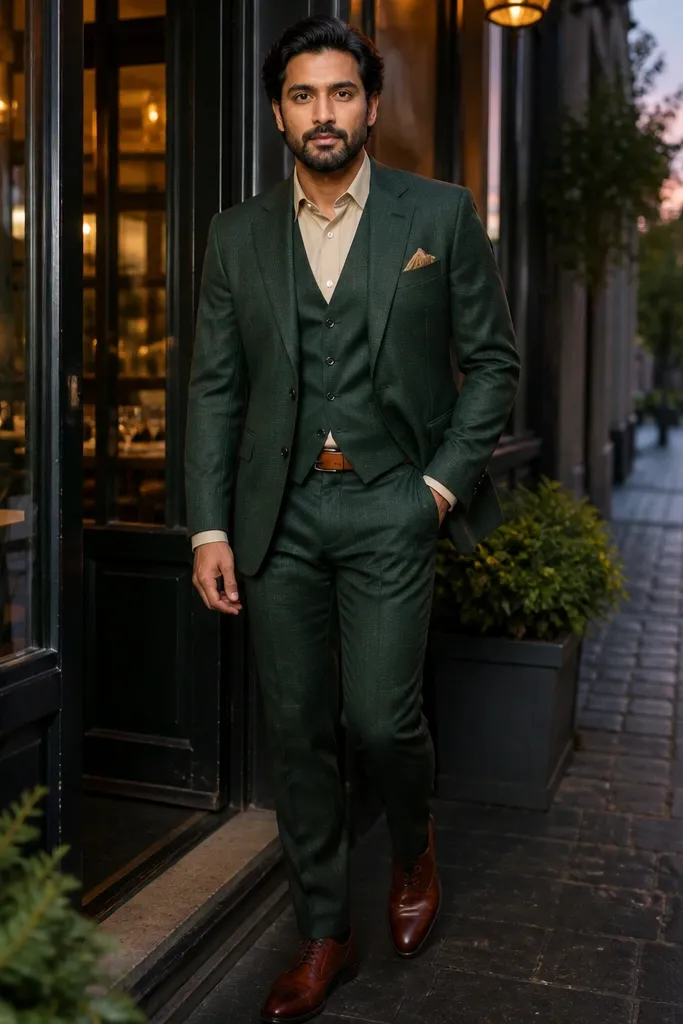 Forest green micro-check three-piece suit with tan shirt, beige pocket square, and brown leather shoes