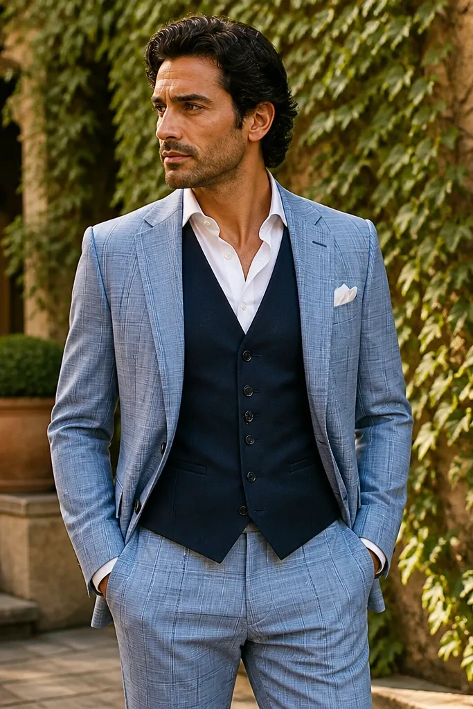Light blue check three-piece suit with navy vest, white shirt, and dark brown oxfords