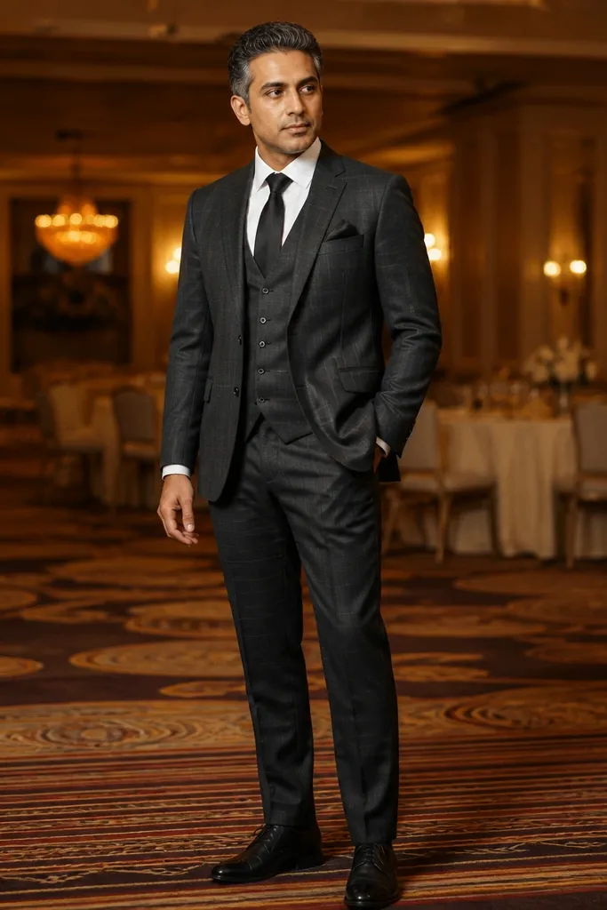 Charcoal tattersall check three-piece suit with black tie, white shirt, and black leather shoes