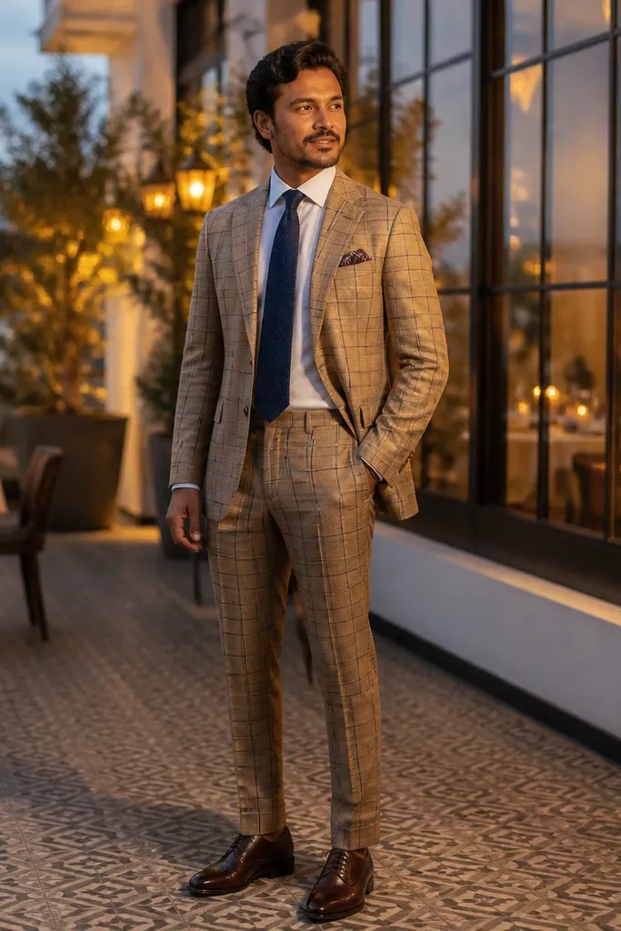 Tan and navy check three-piece suit with navy knit tie, white shirt, and brown suede loafers