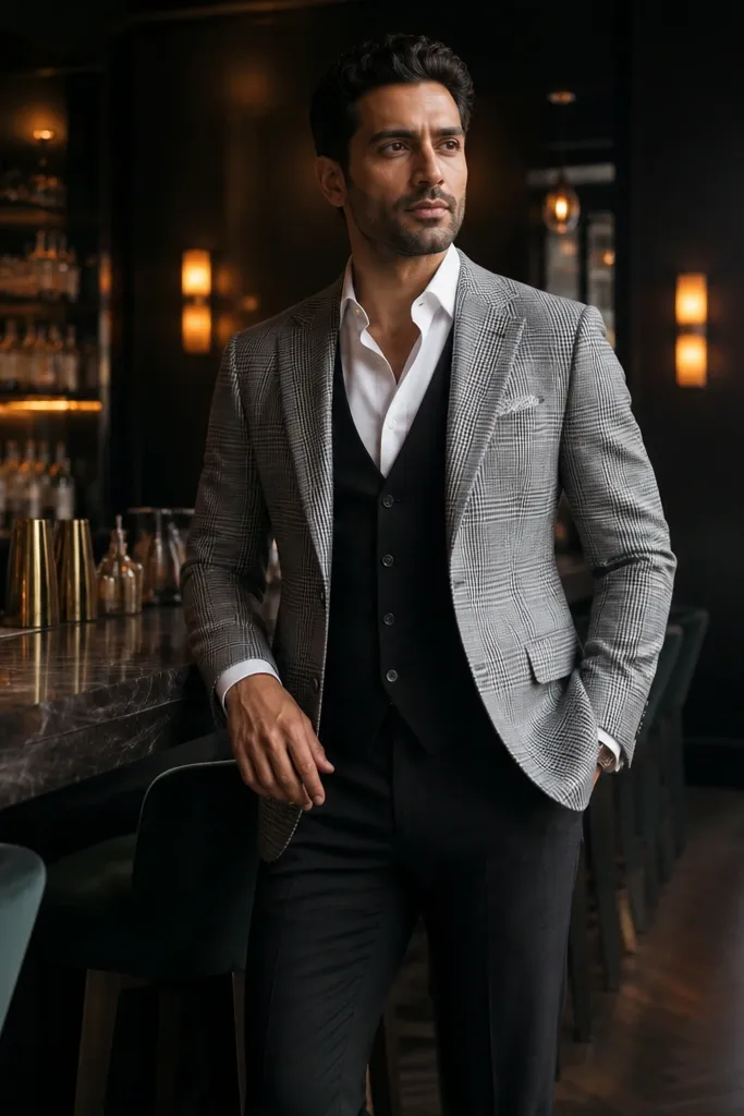 Grey Prince of Wales three-piece suit with black vest, white shirt, and black oxford shoes