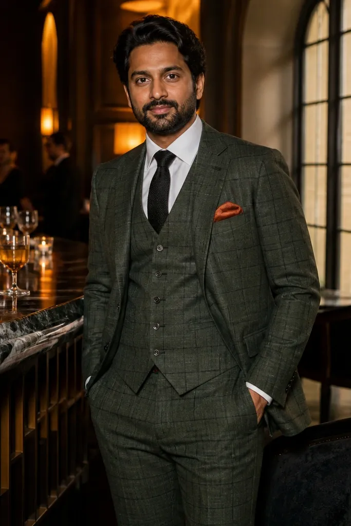 Olive windowpane three-piece suit with white shirt, rust pocket square, and brown leather shoes