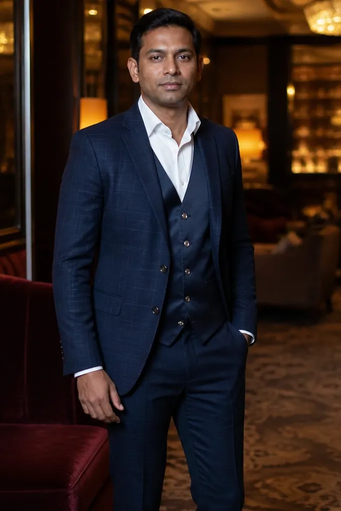 Navy checkered three-piece suit with satin-finish navy vest, white shirt, and black shoes