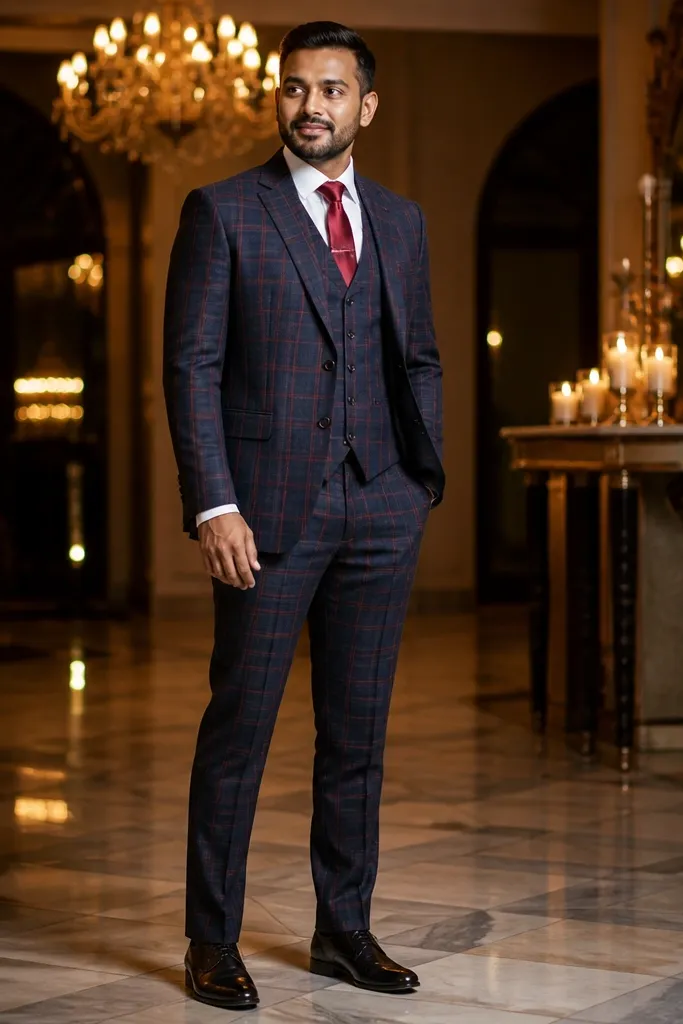 Red and navy check three-piece suit with white shirt, red tie, and tie bar