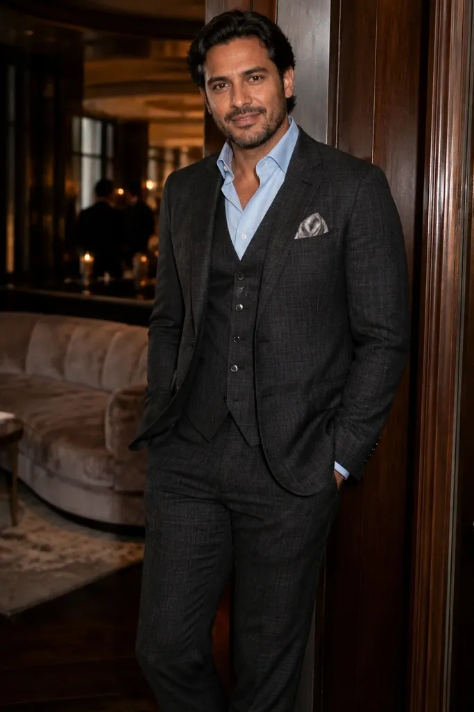 Grey check three-piece suit with powder blue shirt and silver pocket square, black shoes