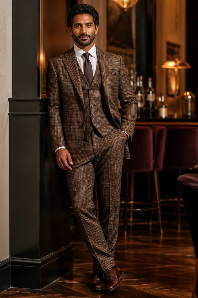 Brown glen check three-piece suit with white shirt and chocolate leather shoes