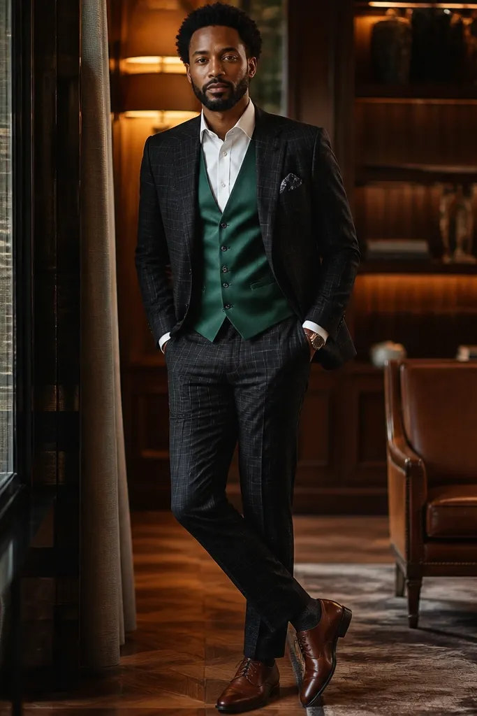 Black check three-piece suit with emerald vest panels, white shirt, and black loafers