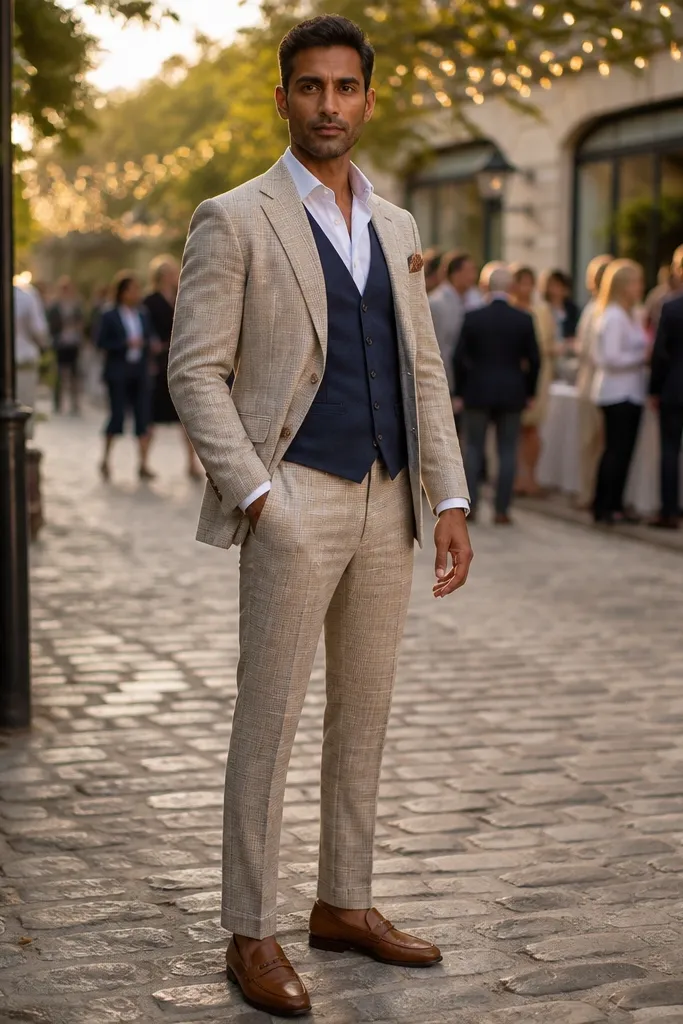 Sand check three-piece suit with navy vest, white shirt, and tan loafers