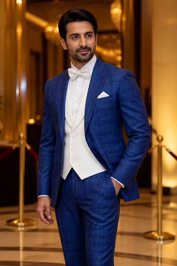 Cobalt check three-piece suit with white vest, white shirt, and bow tie, black shoes