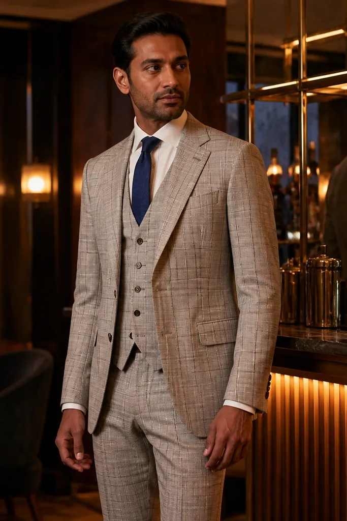 Cream and grey check three-piece suit with blue knit tie, light shirt, and brown shoes