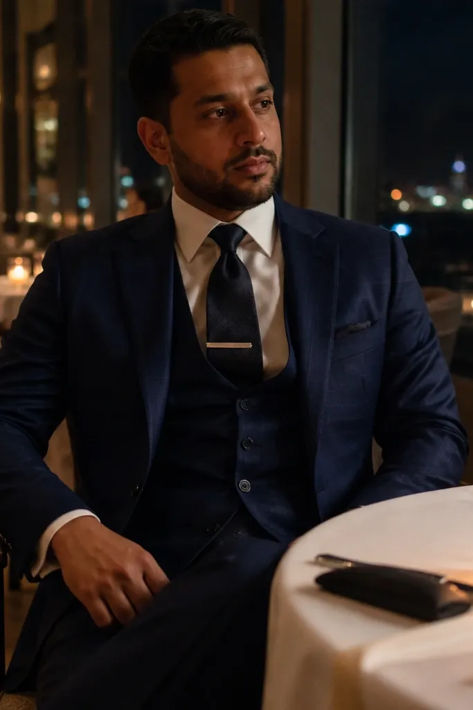 Midnight blue check three-piece suit with white shirt, silver tie clip, and black shoes