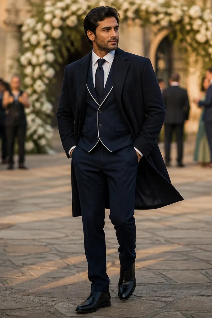 Navy three-piece suit with white dress shirt and slim black tie