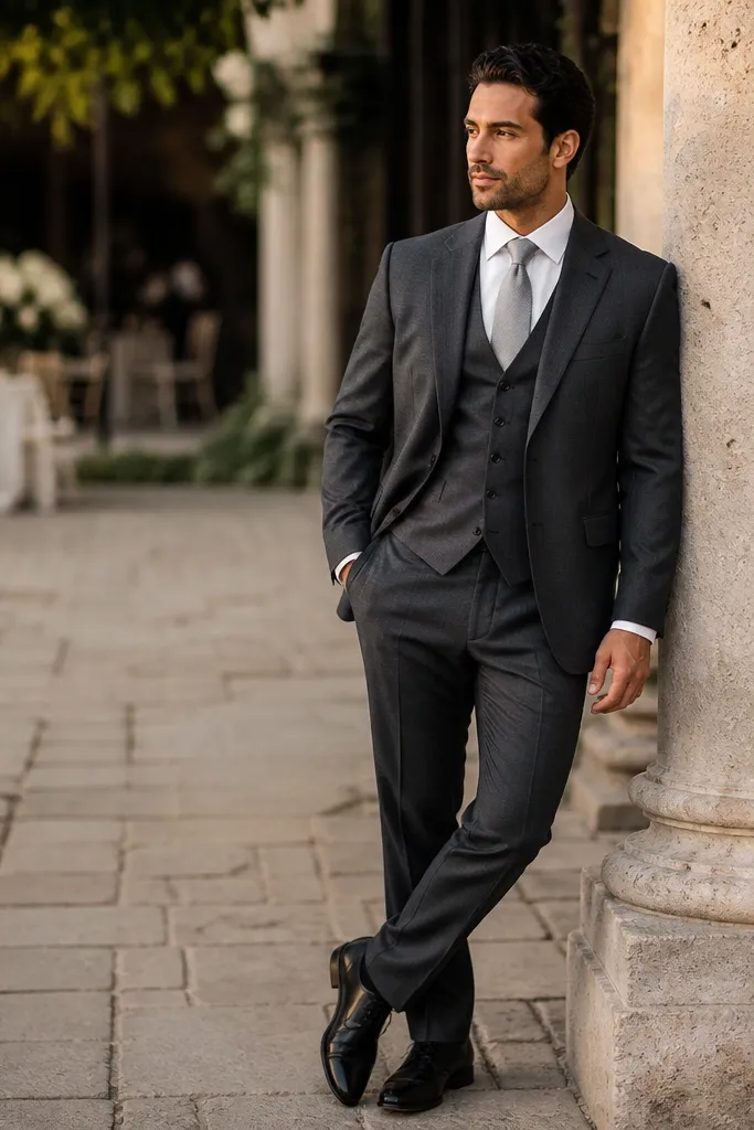 Charcoal three-piece suit with white shirt and silver tie