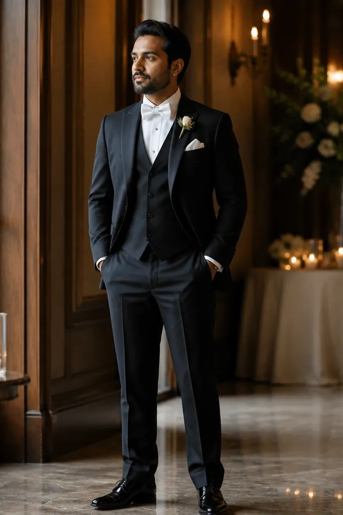 Black three-piece suit with white shirt and white bow tie