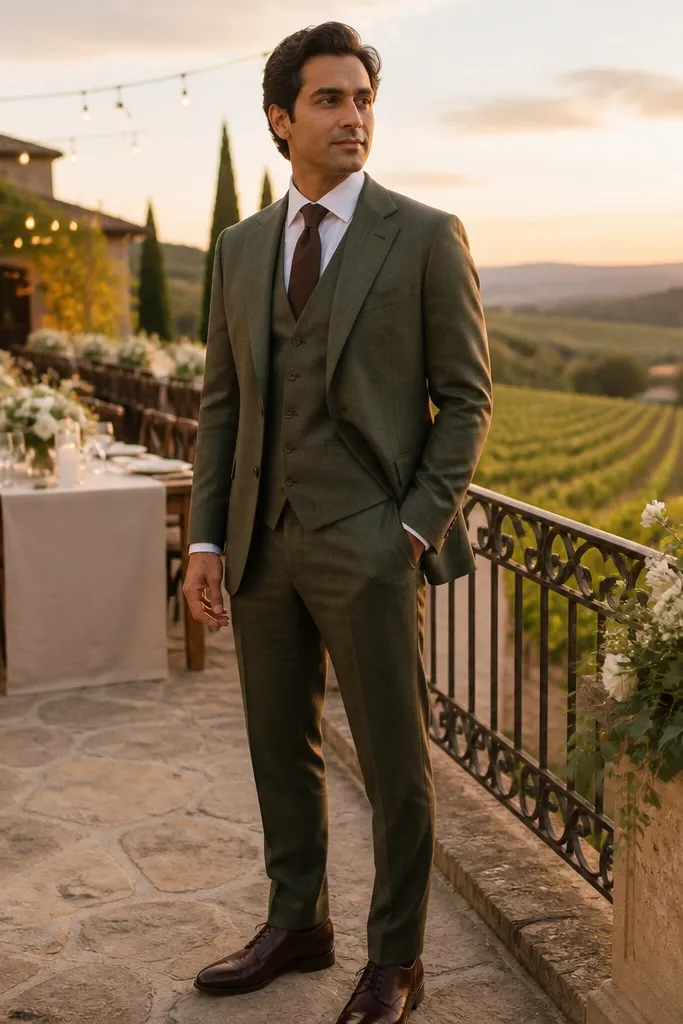 Olive three-piece suit with cream shirt and dark brown tie