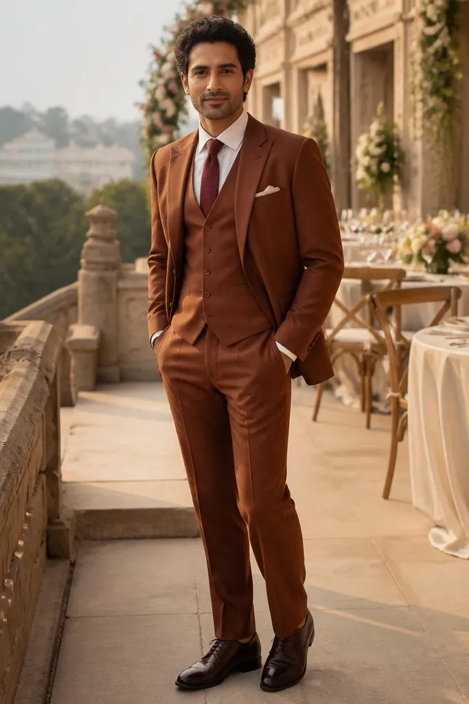 Rust-brown three-piece suit with ivory shirt and burgundy knit tie