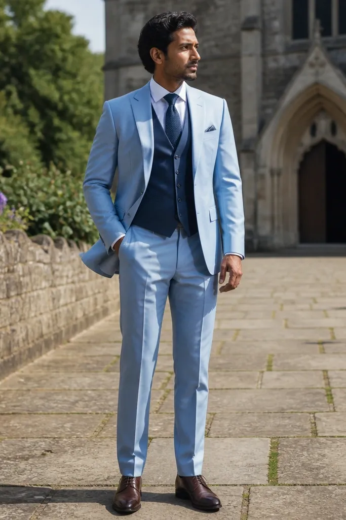 Light blue three-piece suit with white shirt and navy tie