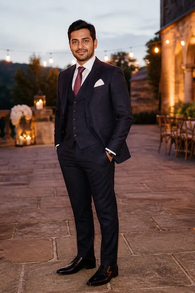 Midnight blue three-piece suit with burgundy tie and white pocket square