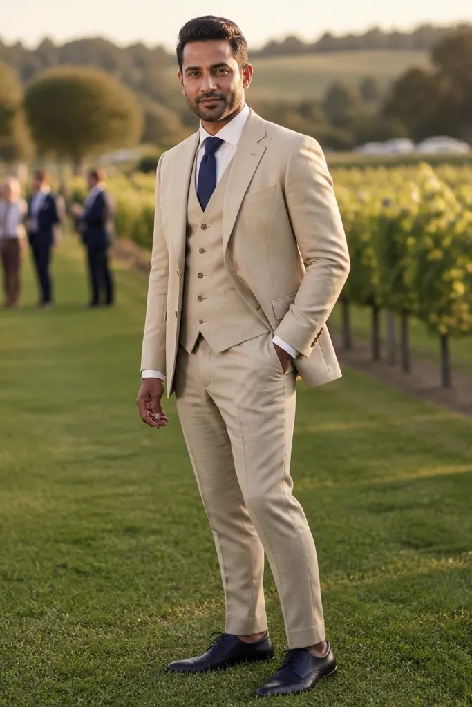Beige three-piece suit with off-white shirt and navy tie