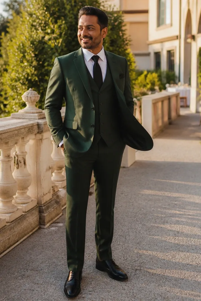 Forest green three-piece suit with white shirt and black knit tie
