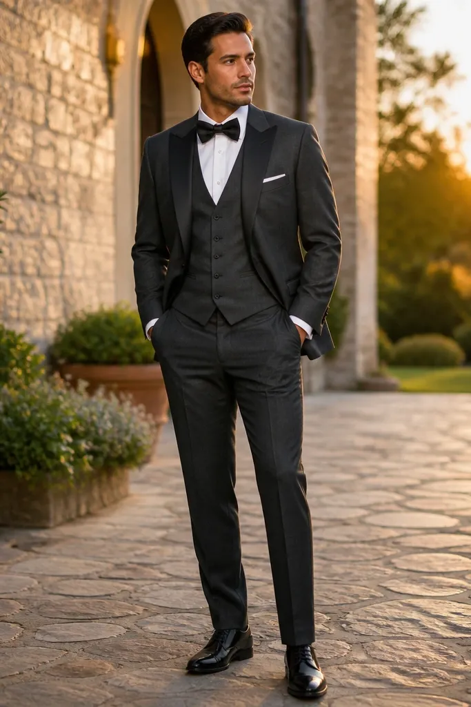 Charcoal three-piece suit with satin lapel and black bow tie