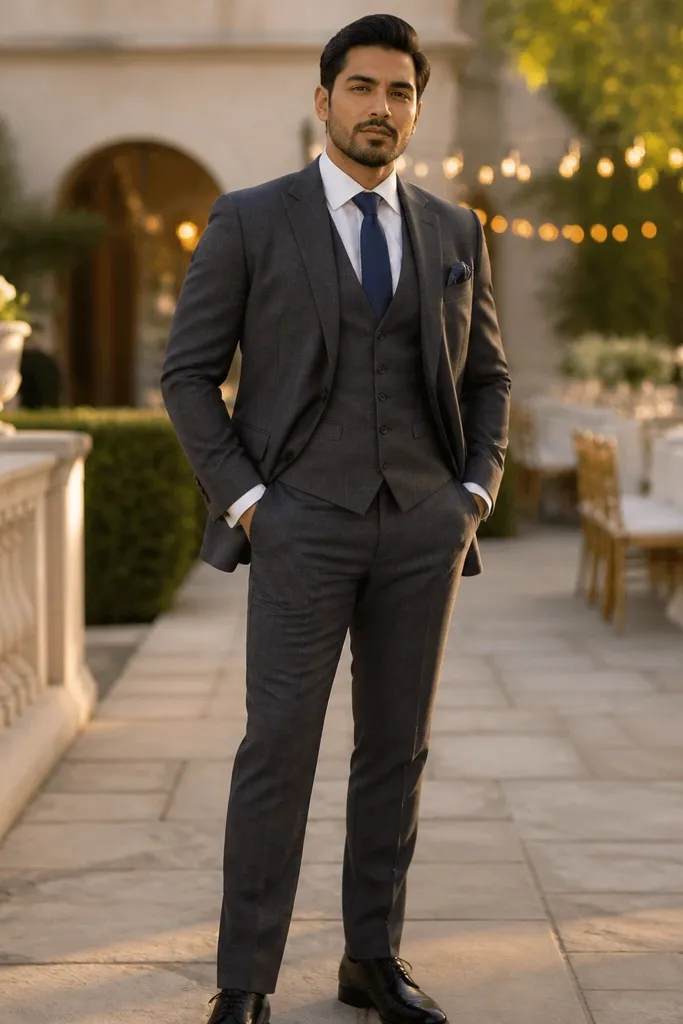 Gunmetal gray three-piece suit with white shirt and navy silk tie