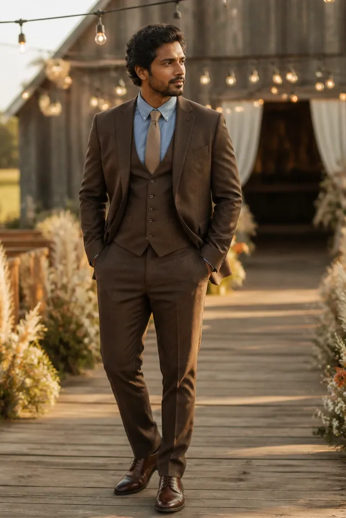 Brown three-piece suit with light blue chambray shirt and tan tie