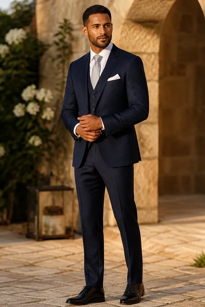 Navy three-piece suit with white shirt and light gray tie