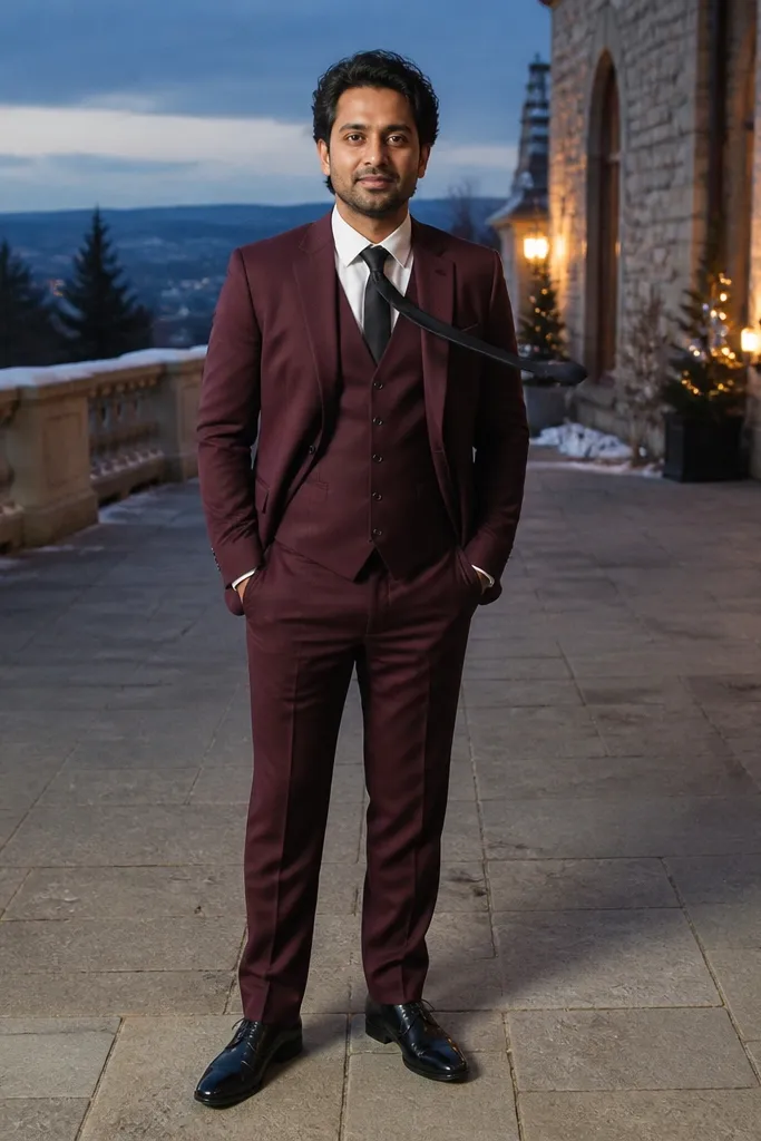 Burgundy three-piece suit with off-white shirt and black tie