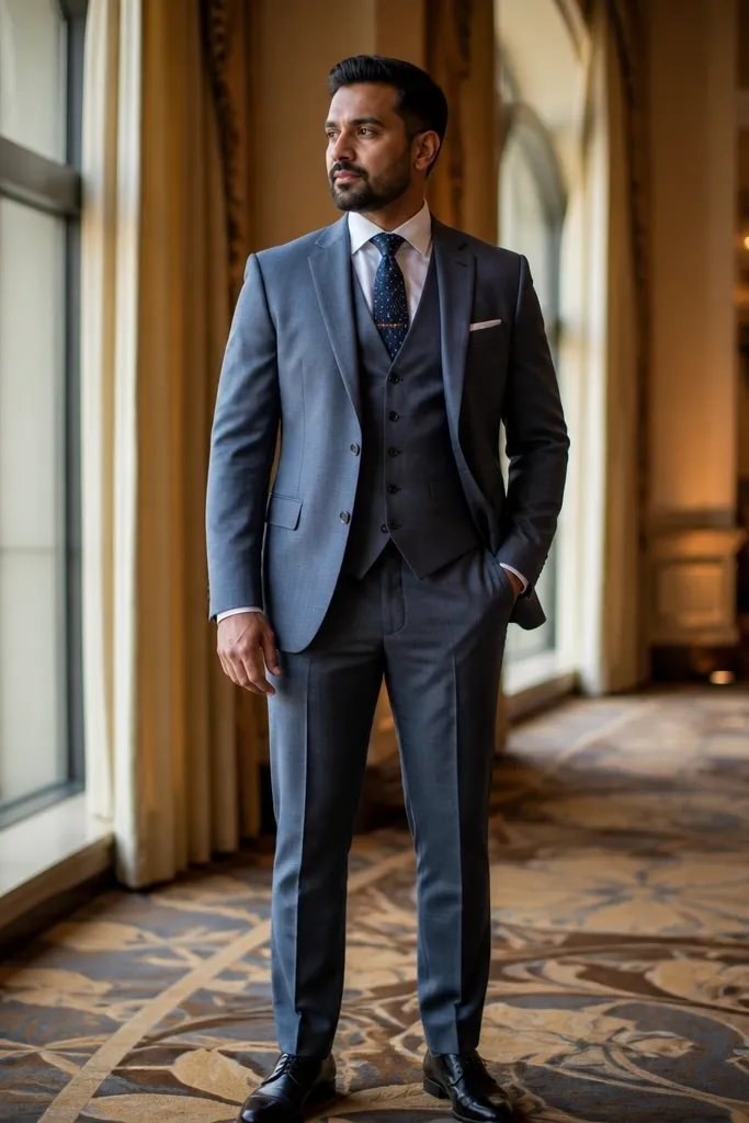 Gray-blue three-piece suit with white shirt and navy dotted tie