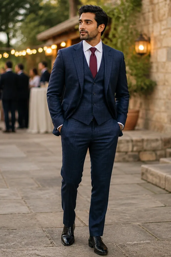 Navy check three-piece suit with white shirt and burgundy solid tie