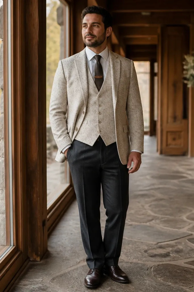 Cream tweed three-piece suit with dark tie and tie clip