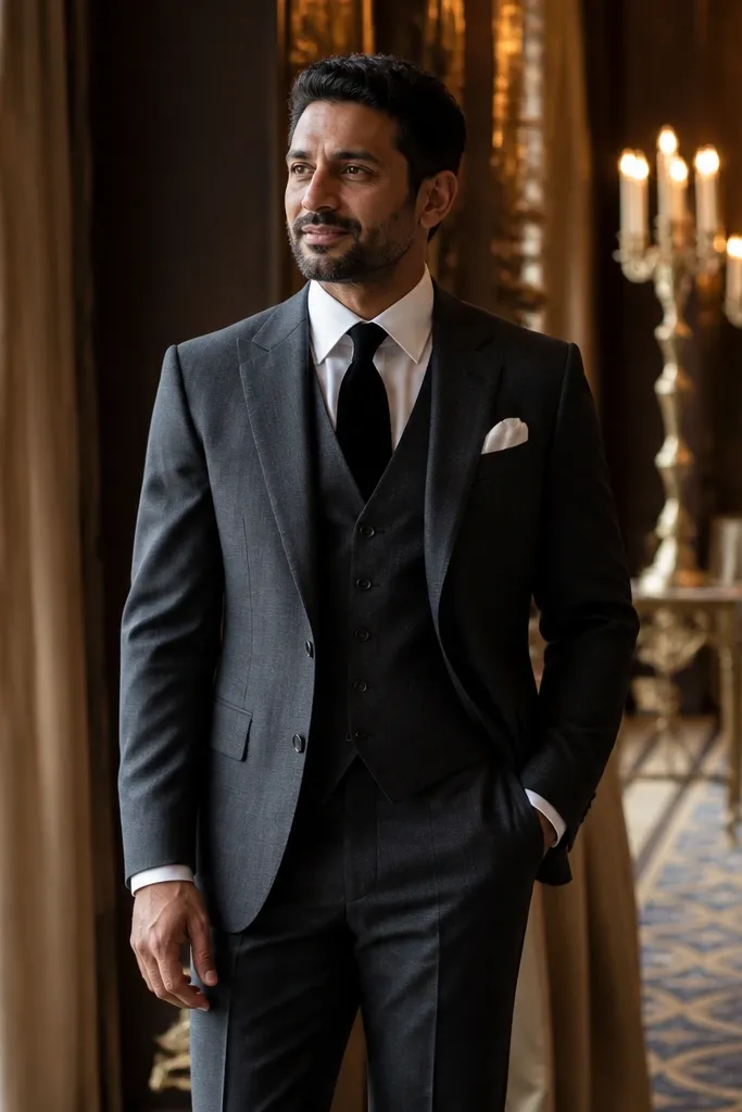 Charcoal three-piece suit with white shirt and black velvet tie