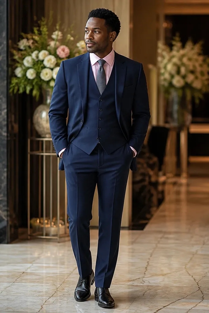 Navy three-piece suit with light pink shirt and gray knit tie