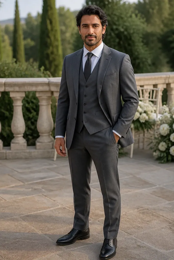 Mid-gray three-piece suit with white shirt and charcoal tie