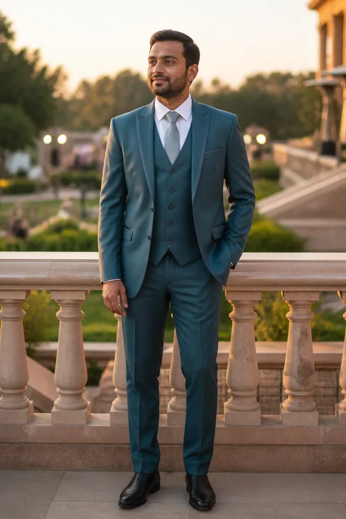 Teal three-piece suit with white shirt and silver tie