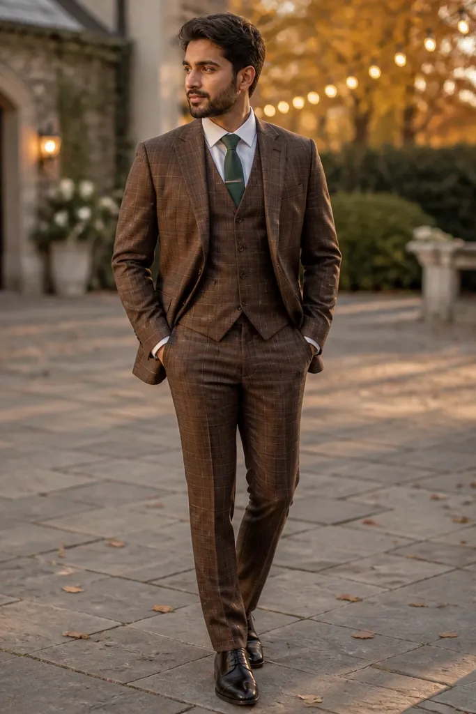 Brown check three-piece suit with cream shirt and dark green tie