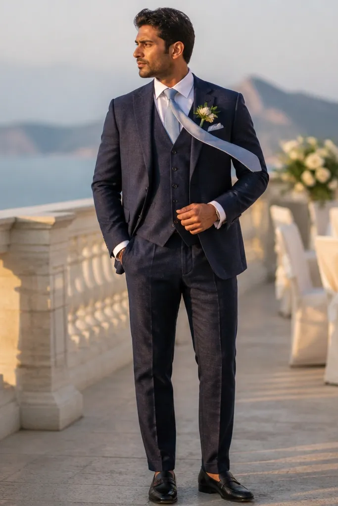 Navy linen-blend three-piece suit with white shirt and light blue tie