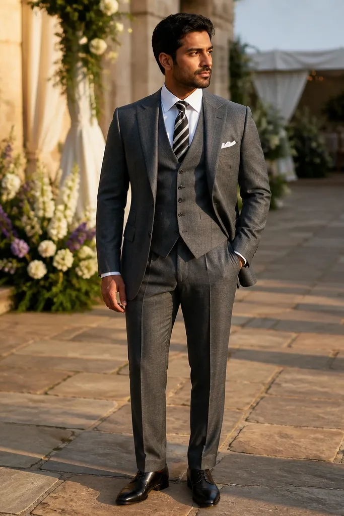 Gray three-piece suit with white shirt and black-and-white striped tie