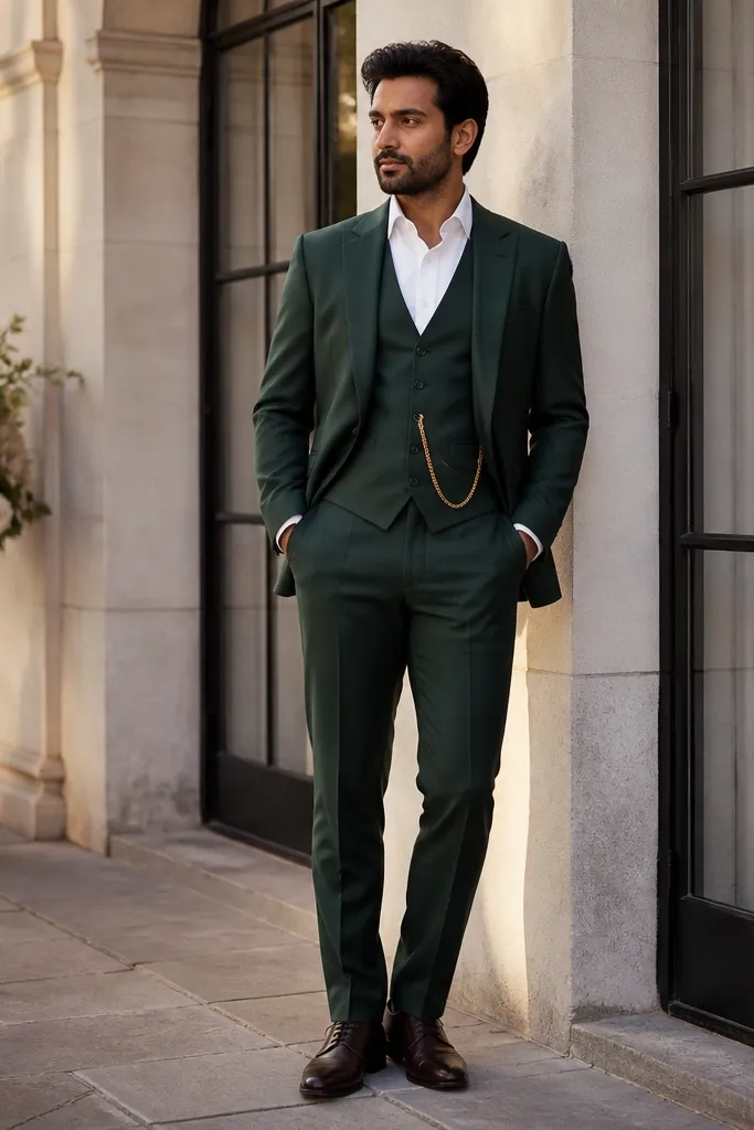 Deep green three-piece suit with white shirt and gold pocket watch chain