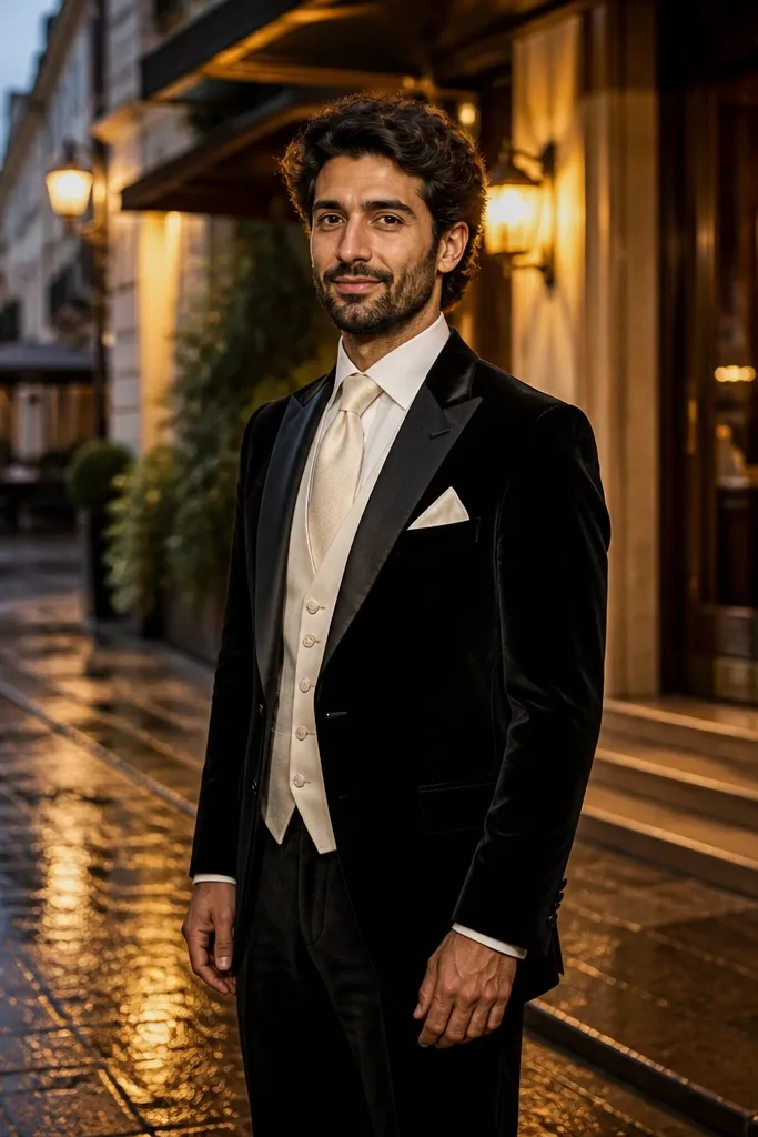 Black velvet jacket and trousers with an ivory waistcoat and white pocket square