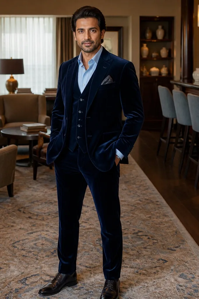 Navy velvet suit with a powder blue shirt and dark brown leather shoes