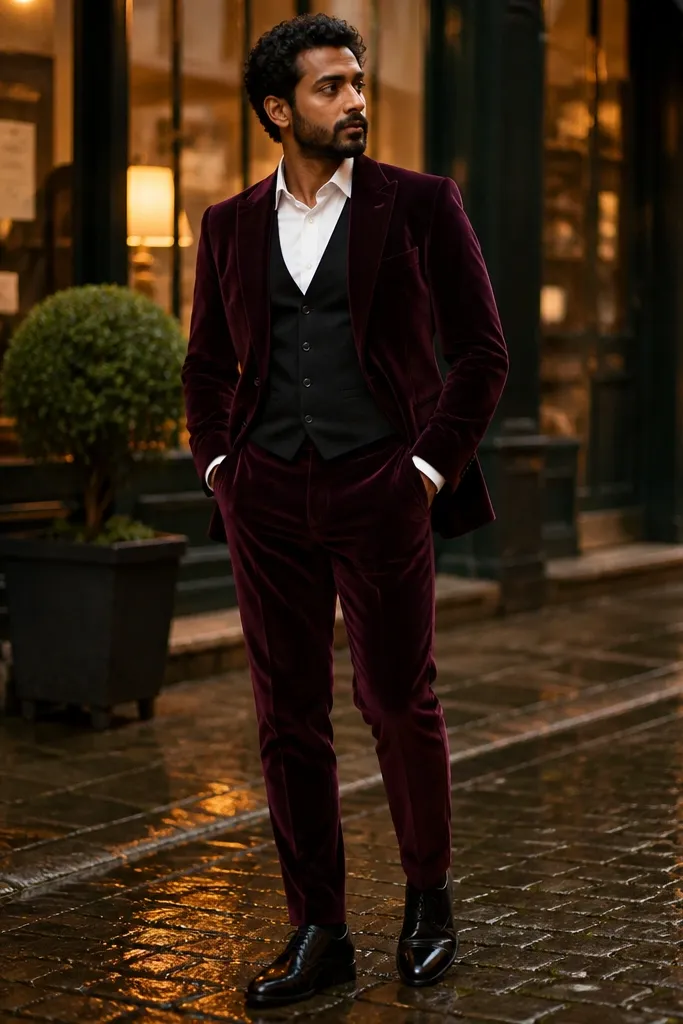 Burgundy velvet jacket and trousers with a black waistcoat and black dress shoes