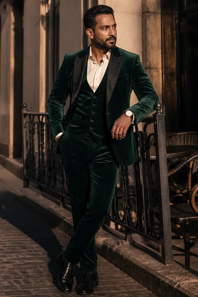 Emerald velvet suit with a cream shirt and gold-toned accessories