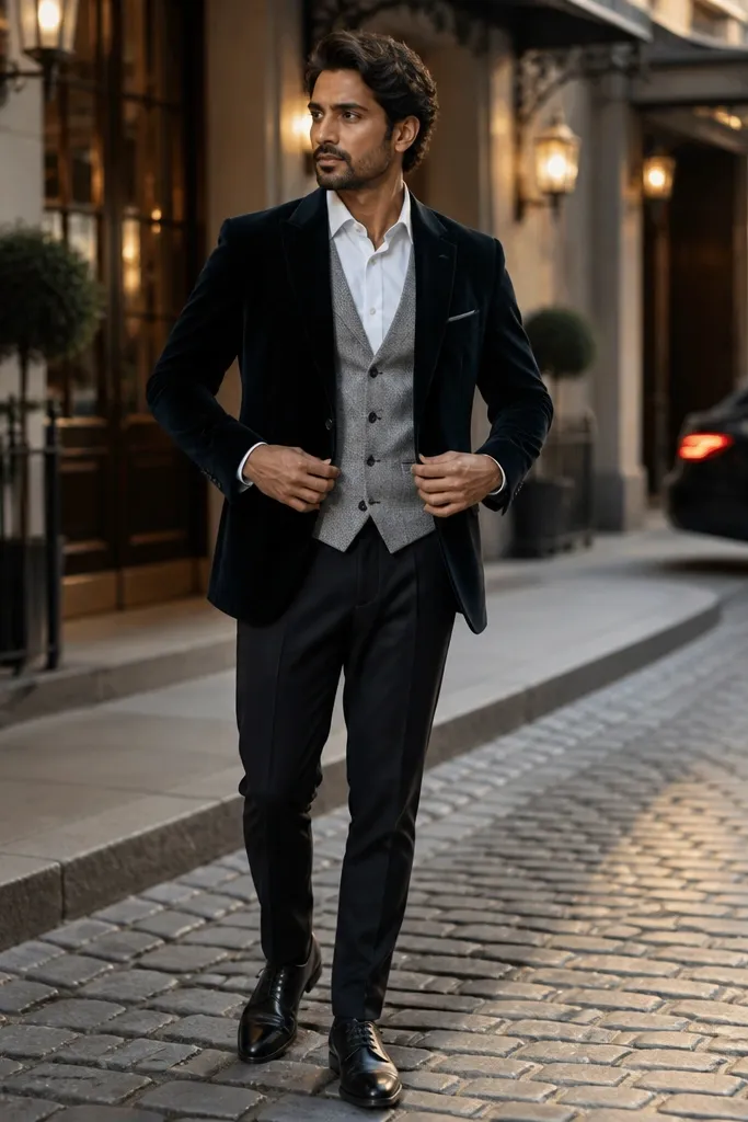 Charcoal velvet jacket and trousers with a light gray waistcoat