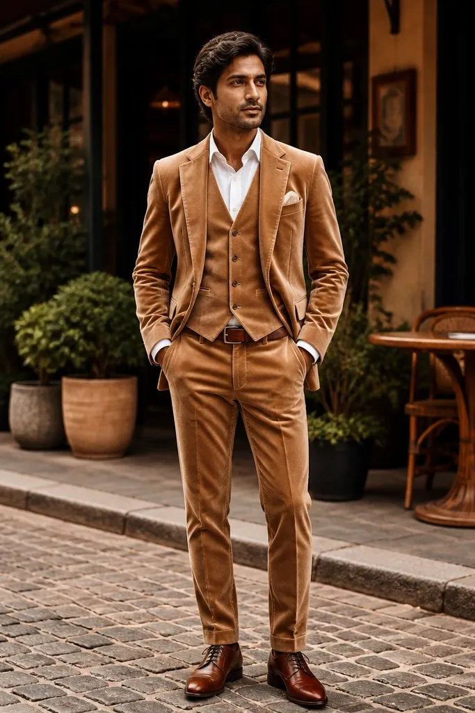 Tan velvet three-piece suit with a white shirt and brown belt